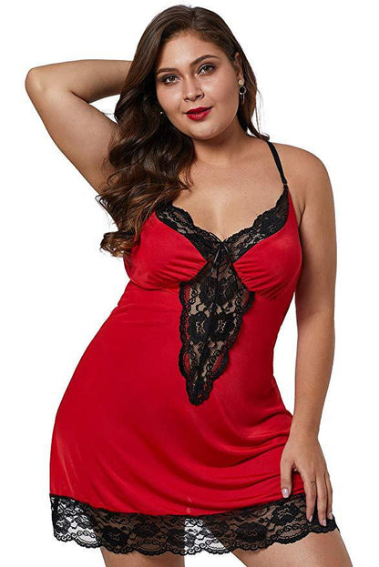 Plus - Size Black Satin Chemise with Exquisite Lace Inserts