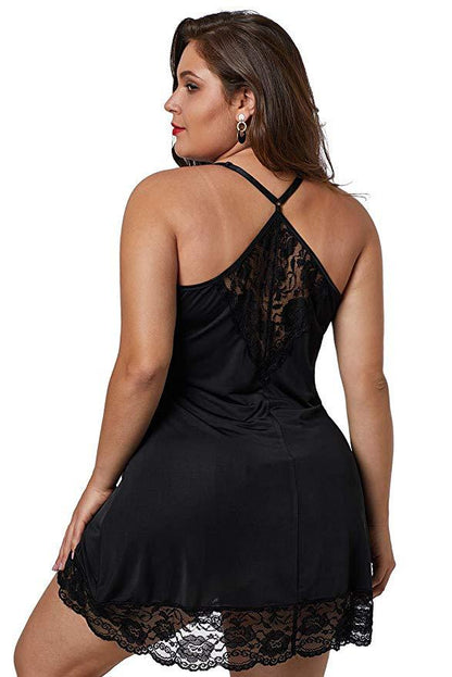 Plus - Size Black Satin Chemise with Exquisite Lace Inserts