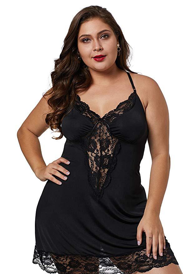 Plus - Size Black Satin Chemise with Exquisite Lace Inserts