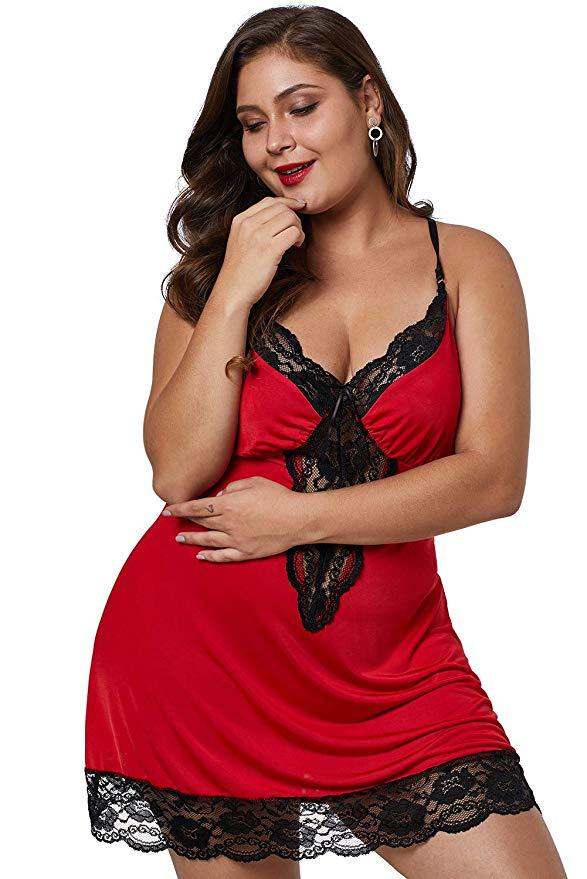 Plus - Size Black Satin Chemise with Exquisite Lace Inserts