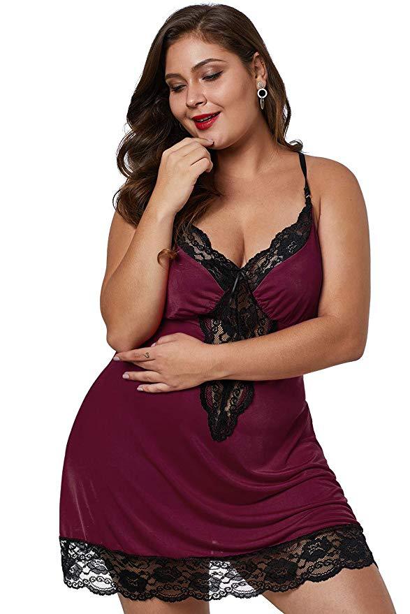 Plus - Size Black Satin Chemise with Exquisite Lace Inserts