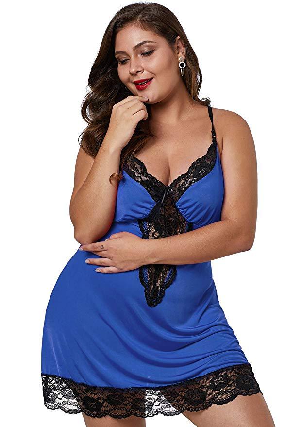 Plus - Size Black Satin Chemise with Exquisite Lace Inserts