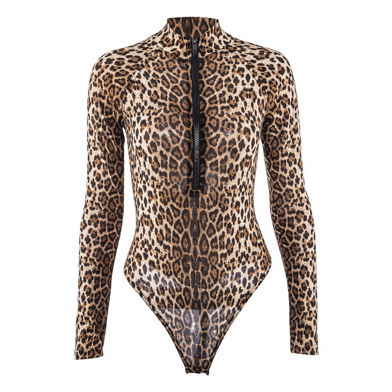 Sexy Sheer Leopard Print Zip - Up Bodysuit: Unleash Your Wild Side