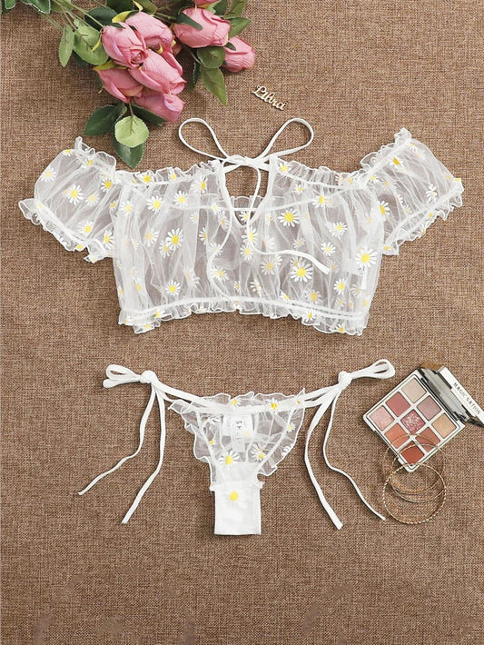 Delicate Daisy - Print Off - the - Shoulder Lingerie Set