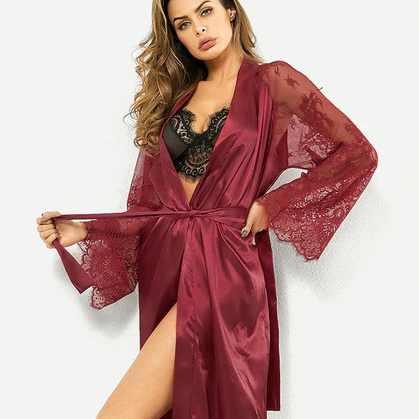 Burgundy Satin & Lace Long Robe with Sheer Sleeves