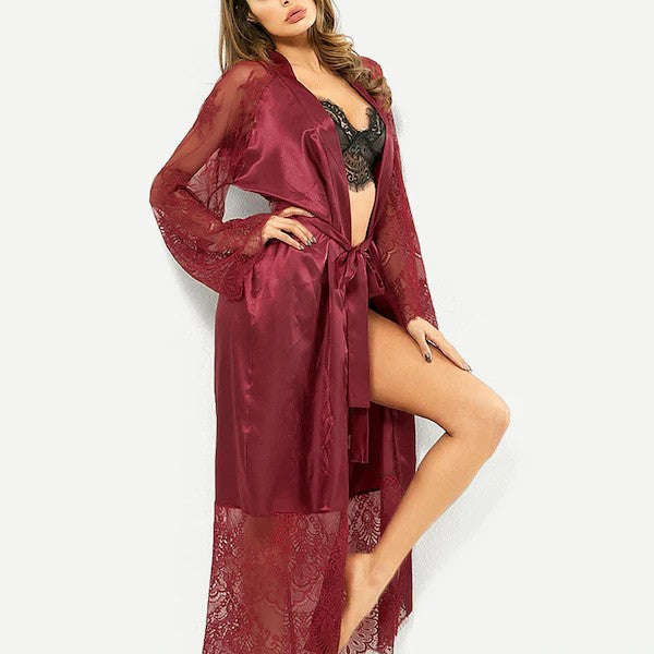 Burgundy Satin & Lace Long Robe with Sheer Sleeves