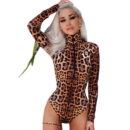 Sexy Sheer Leopard Print Zip - Up Bodysuit: Unleash Your Wild Side