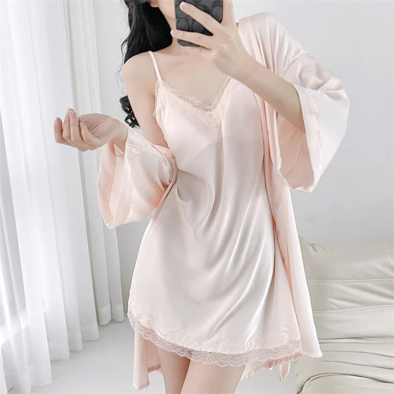 Lace Kimono Robe Gown Suit Strap Nightgown