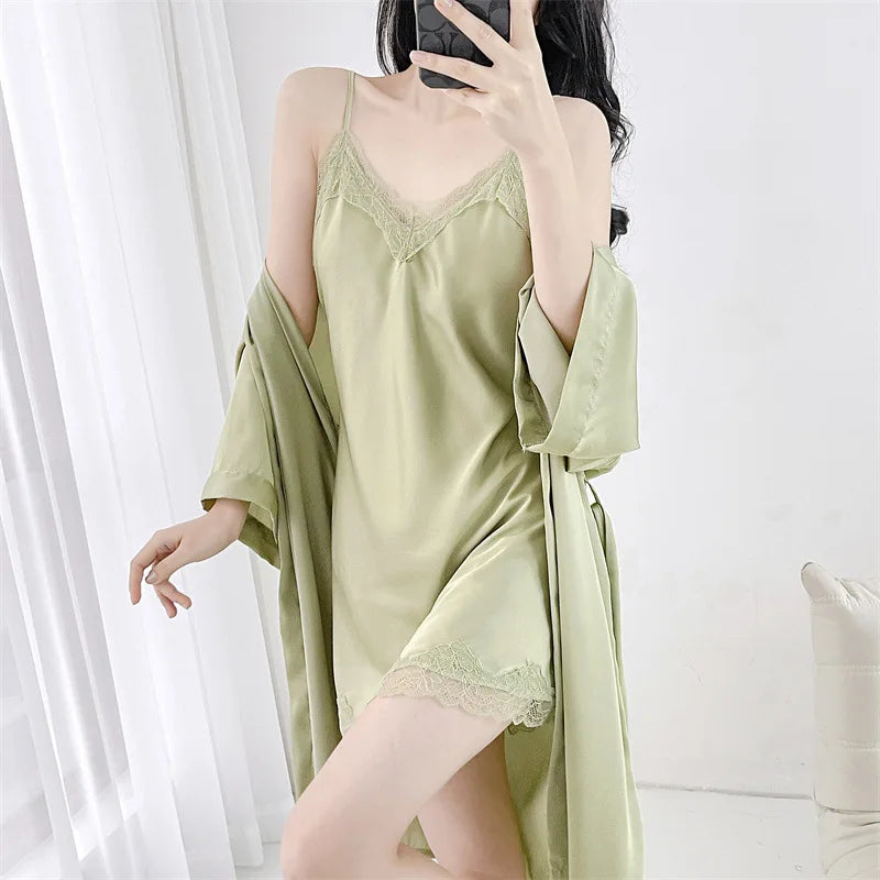 Lace Kimono Robe Gown Suit Strap Nightgown