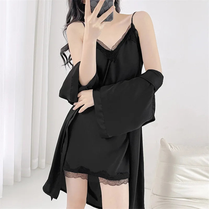 Lace Kimono Robe Gown Suit Strap Nightgown