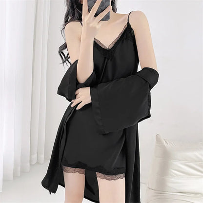 Lace Kimono Robe Gown Suit Strap Nightgown