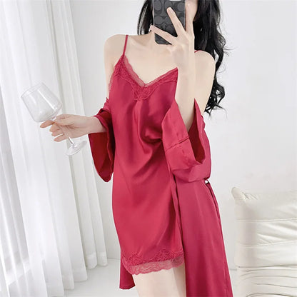 Lace Kimono Robe Gown Suit Strap Nightgown