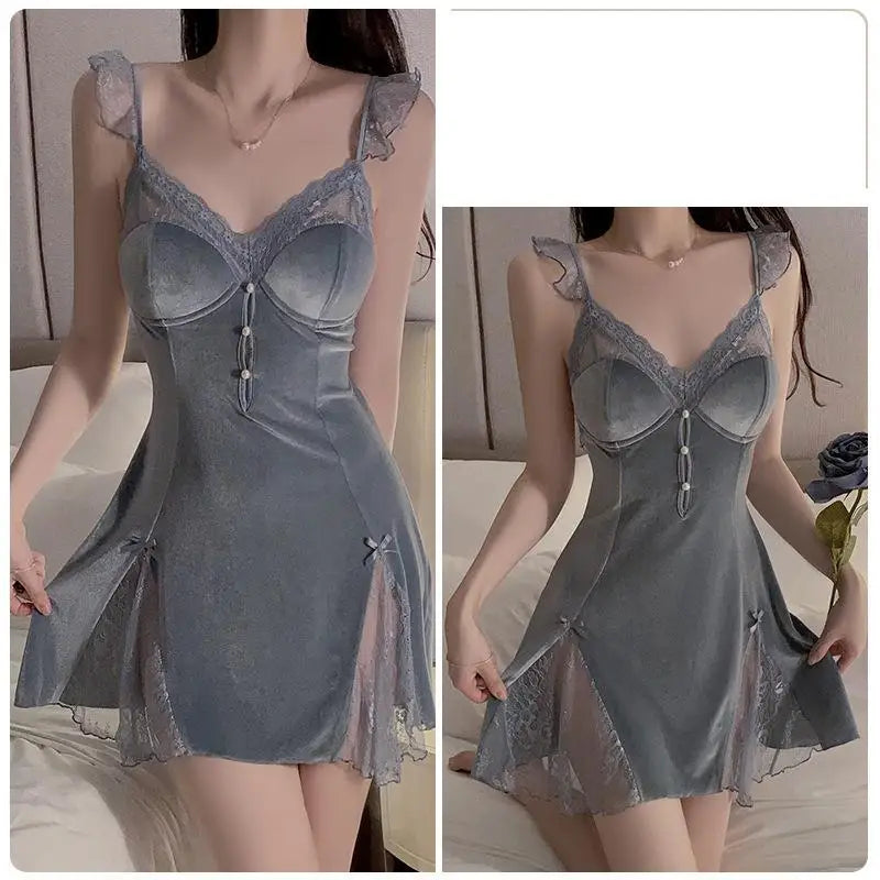 Sexy Women Velour Nightgown Black