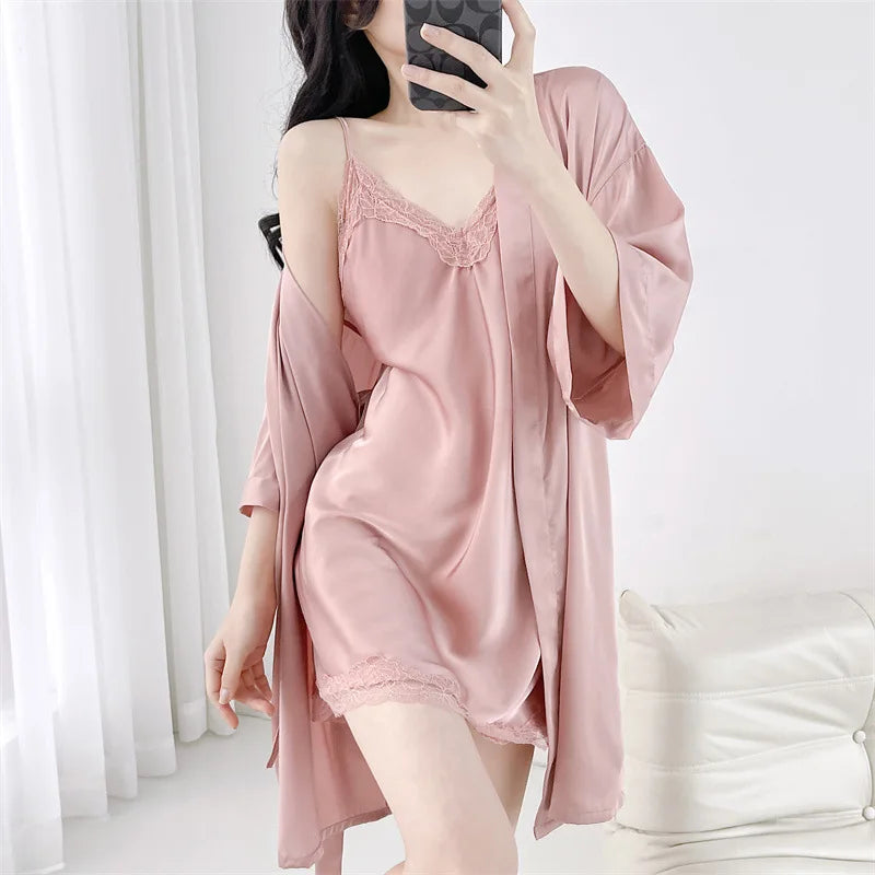 Lace Kimono Robe Gown Suit Strap Nightgown