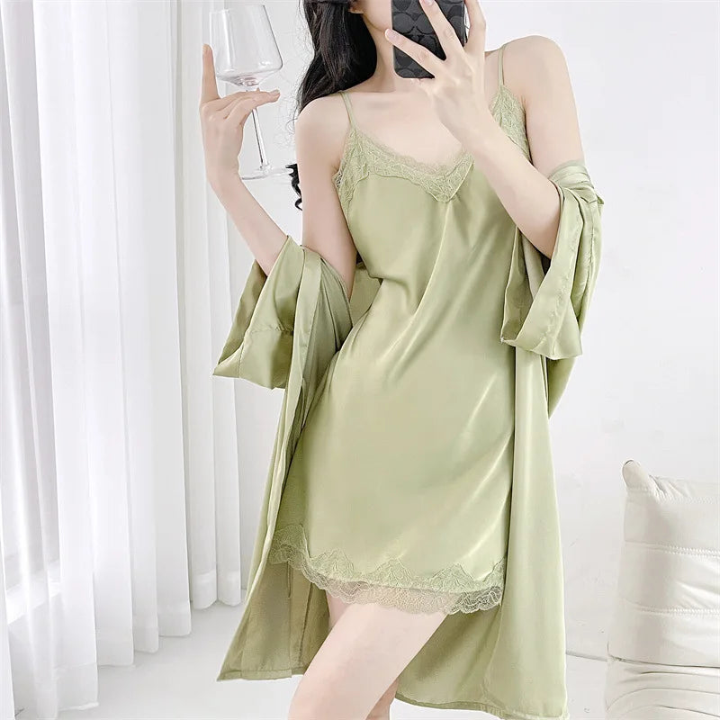 Lace Kimono Robe Gown Suit Strap Nightgown