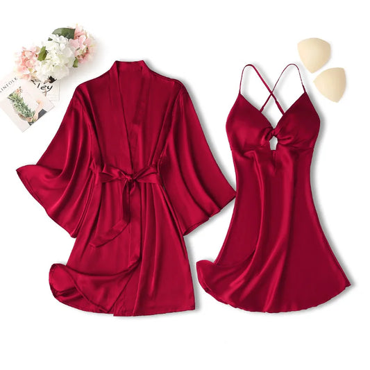 Women Robe Gown Sets Burgundy Summer